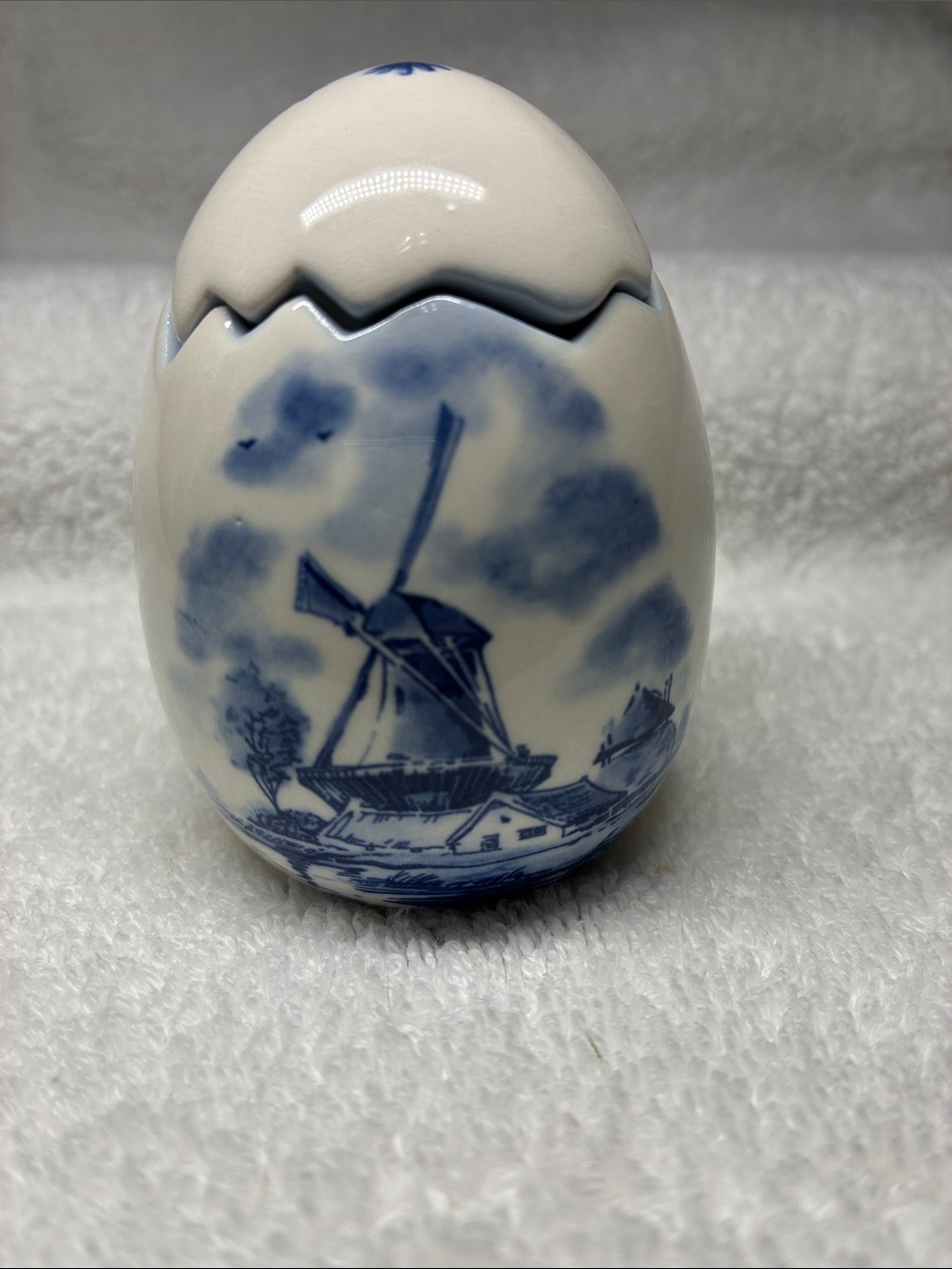 Vintage Delft Blue ceramic egg cup and salt shaker set